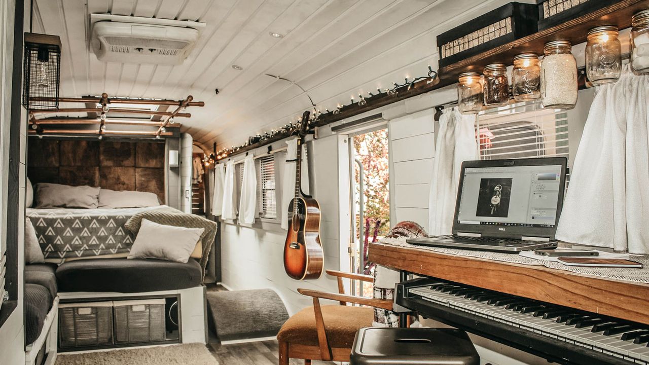 interior of school bus tiny home