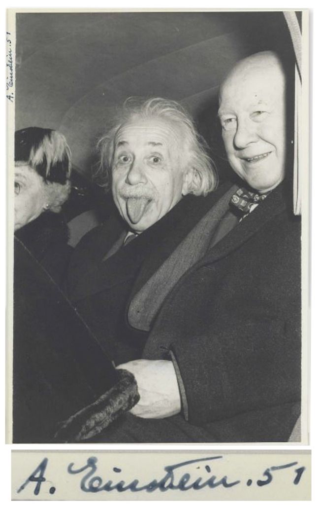 This autographed photo of Albert Einstein with his tongue out was sold at auction for $125,000.