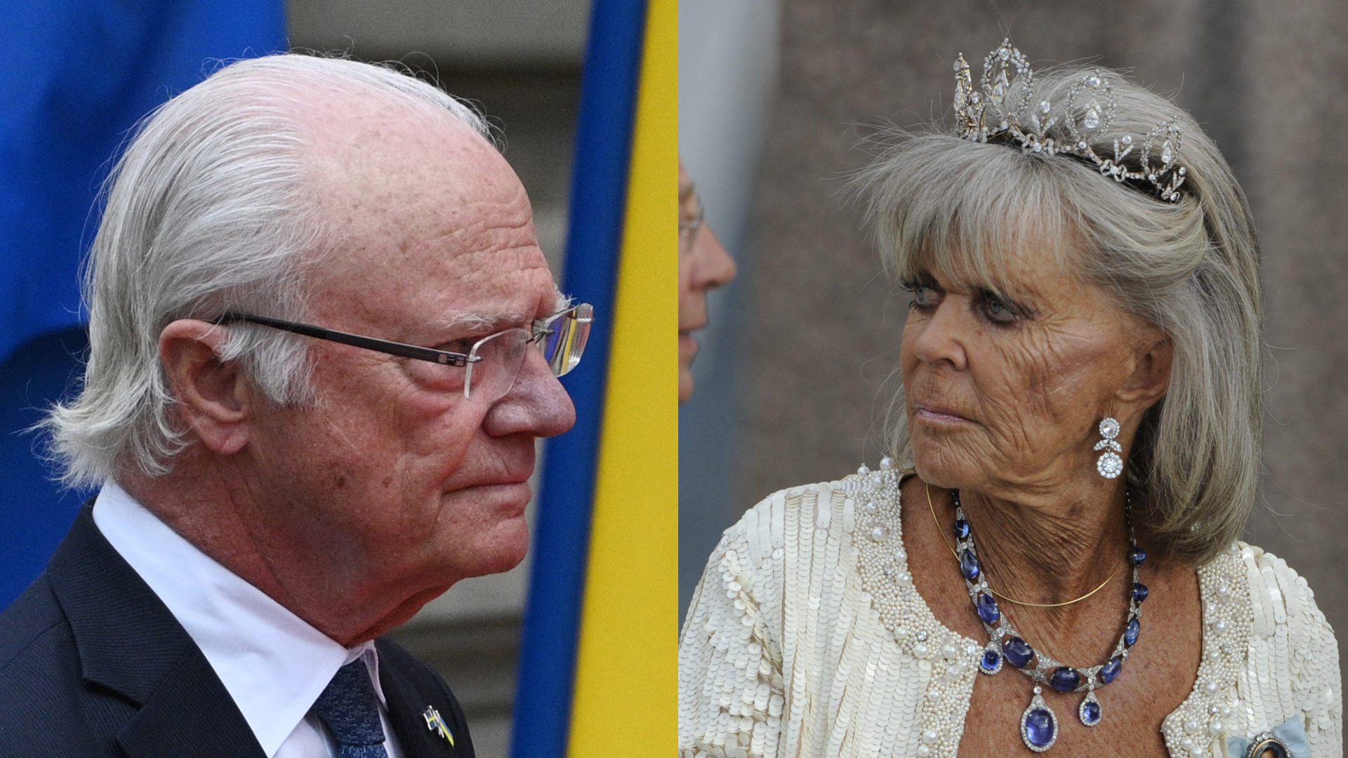 A split image of King carl Gustaf in a suit and Princess Birgitta in a tiara and sapphire necklace