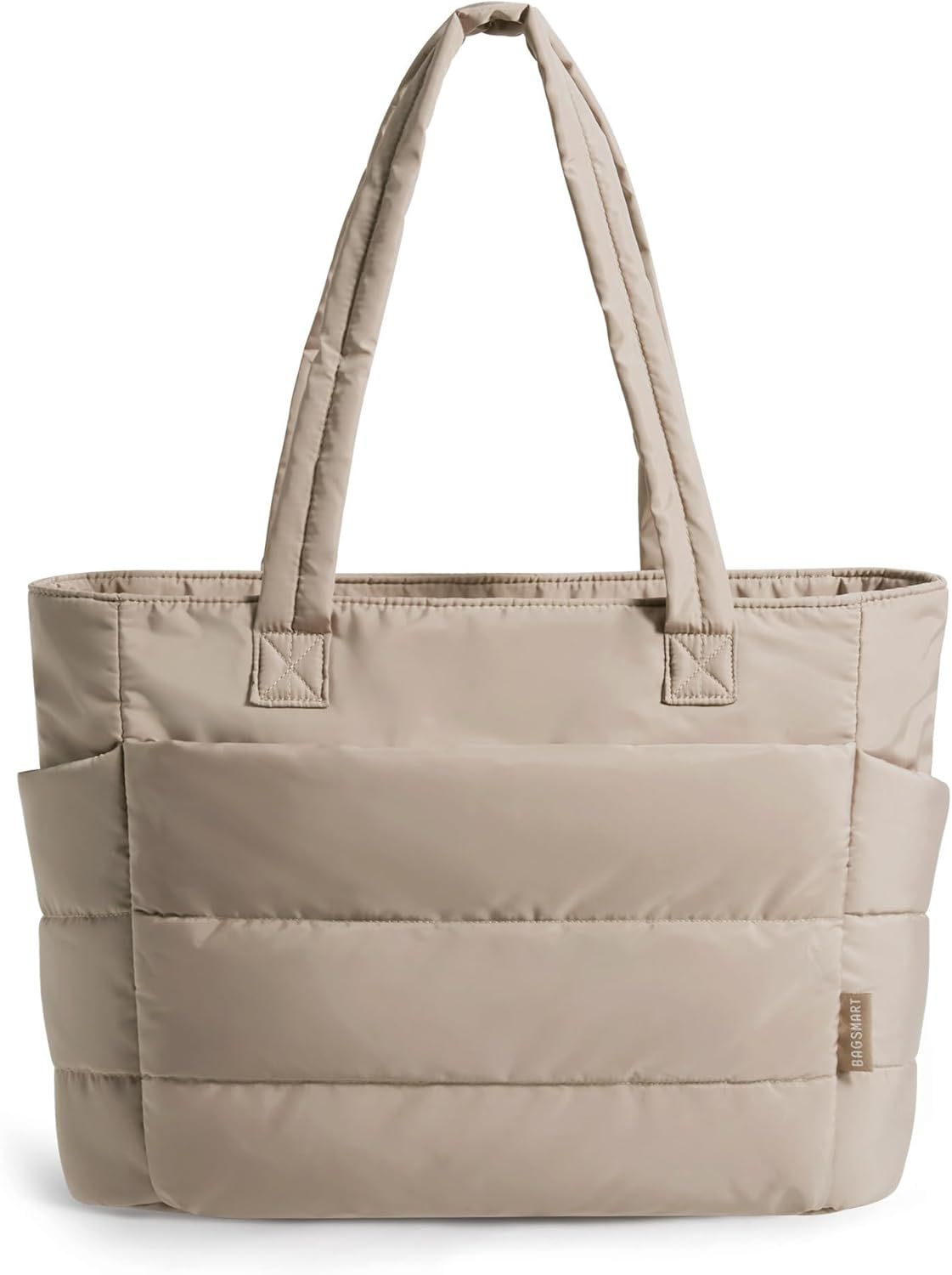 Bagsmart Tote Bag for Women, Lightweight Puffy Tote Bag With Compartments Shoulder Bag Handbag Quilted Shoulder Bag Handbag for Travel, Work, Beach, Gym, Shop(grayish Brown)