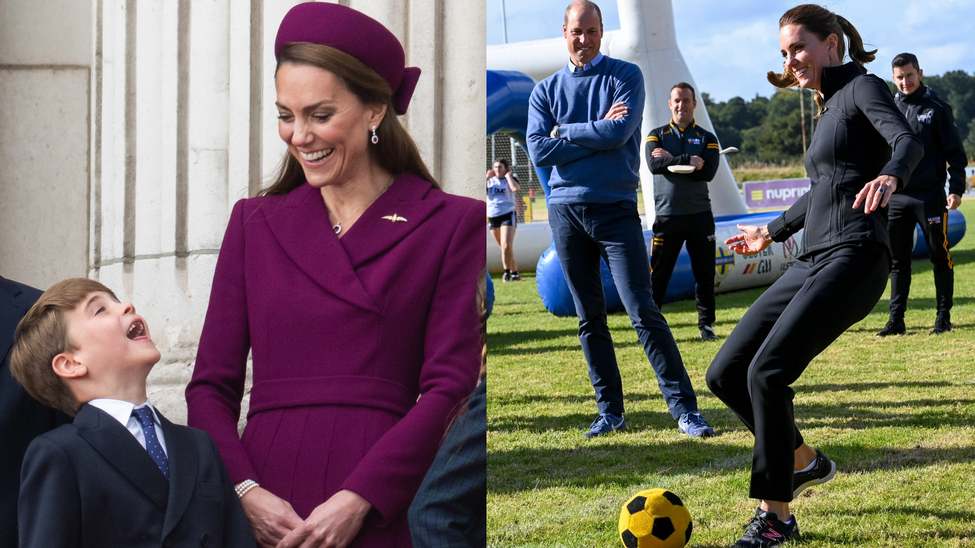 Princess Kate looking down at Prince Louis and laughing; Princess Kate kicking a soccer ball with Prince William watching on and smiling