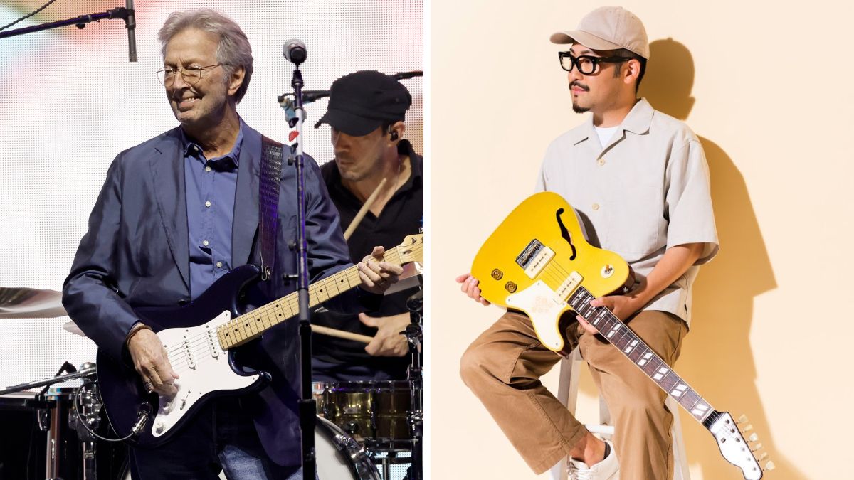 Left-Eric Clapton performs onstage during Day 1 of Eric Clapton&#039;s Crossroads Guitar Festival at Crypto.com Arena on September 23, 2023 in Los Angeles, California; Right- Toshiki Soejima posing with his guitar while sitting on a stool, against a light yellow background