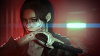 A determined woman with dirt on her face raises a radio to her mouth. Set in a dimly lit, tense red environment suggesting urgency or danger.