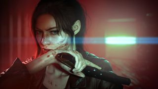 A determined woman with dirt on her face raises a radio to her mouth. Set in a dimly lit, tense red environment suggesting urgency or danger.