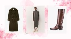 three items of Quiet Luxury winter wear: a wool coat, a cashmere dress, a pair of boots