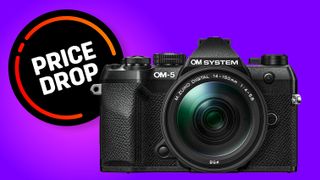 OM System OM-5 Mark II camera with Price Drop badge on purple backdrop