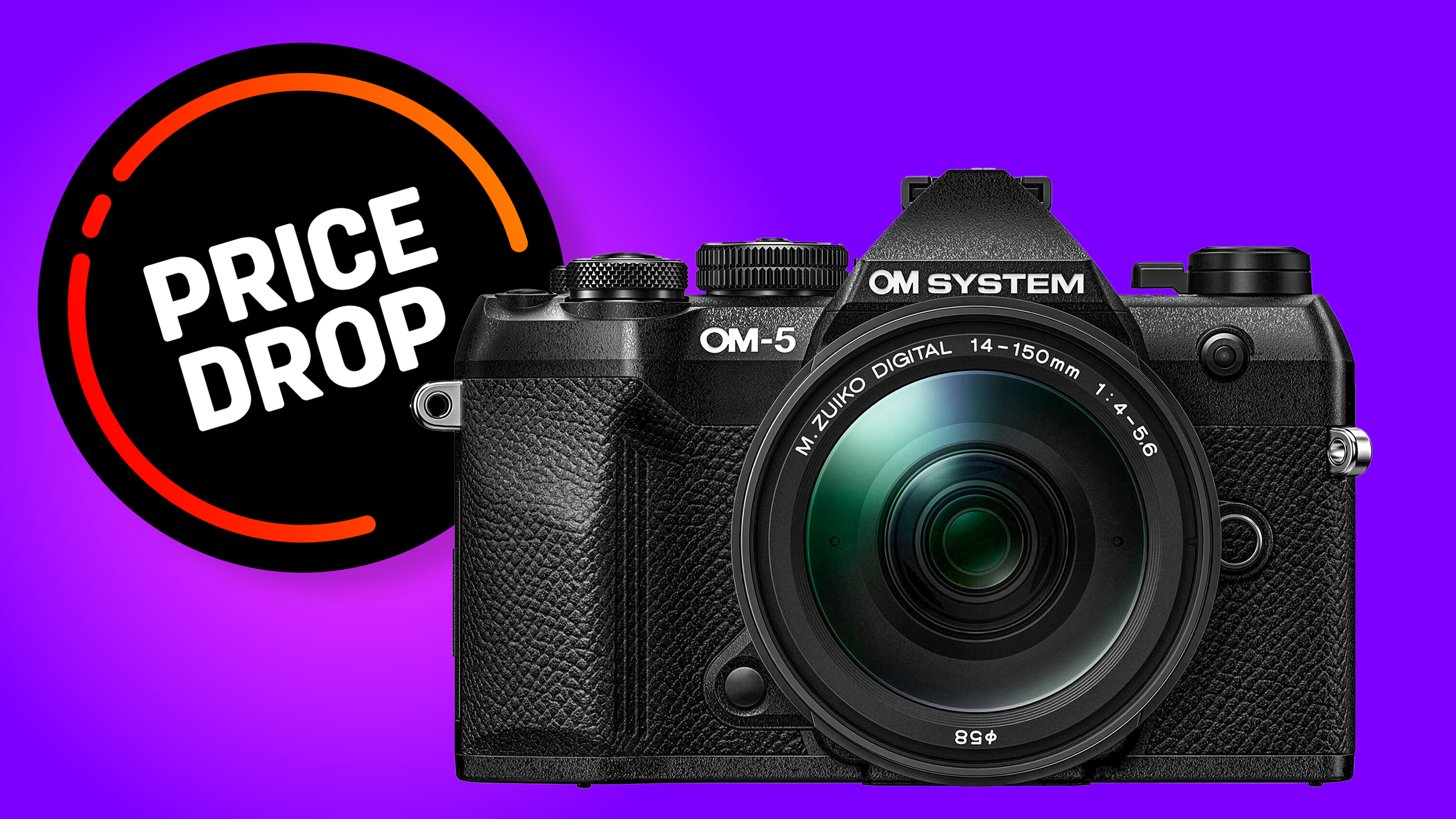 OM System OM-5 Mark II camera with Price Drop badge on purple backdrop