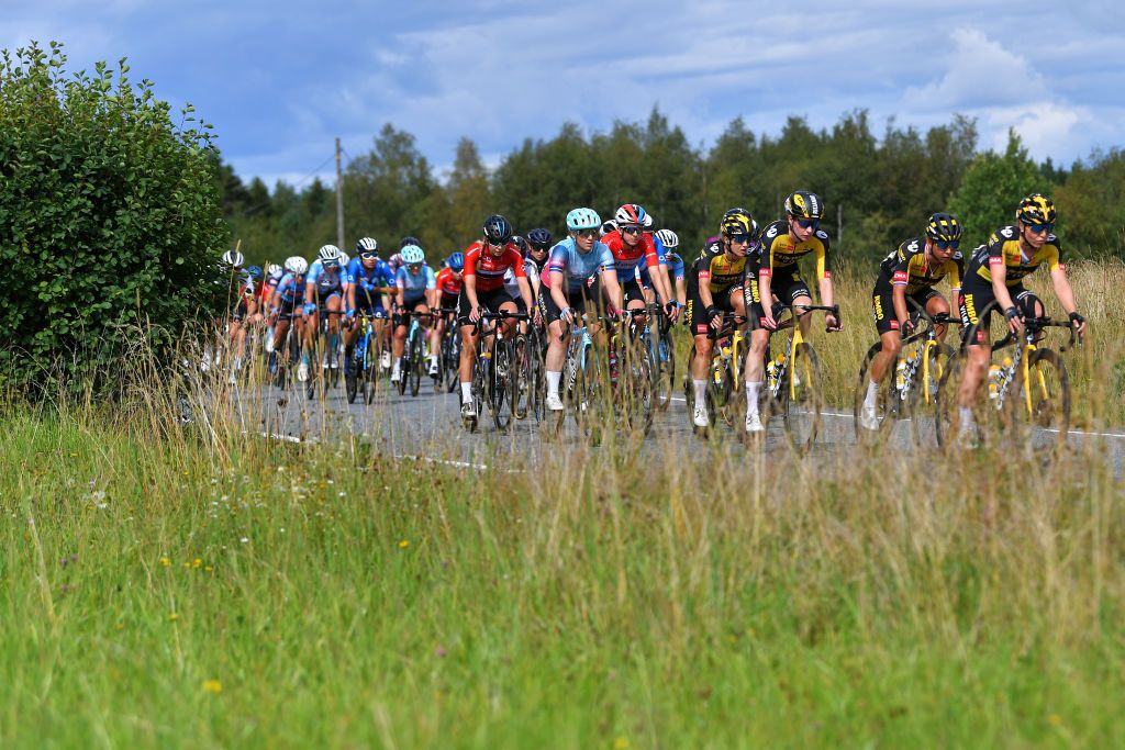 HALDEN NORWAY AUGUST 15 Markus Riejanne of Netherlands and Jumbo Visma Women Team and Teammates lead The Peloton during the 7th Ladies Tour Of Norway 2021 Stage 4 a 1416km stage from Drbak to Halden LTourOfNorway LTON21 UCIWWT on August 15 2021 in Halden Norway Photo by Luc ClaessenGetty Images