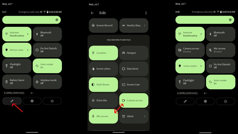 Android 12 Quick Settings to disable Camera & Mic Access