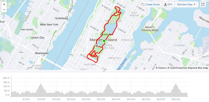 The map and elevation profile of the Knickerbocker course shown in Strava