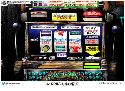 Political Cartoon U.S. Sanders jackpot Nevada gamble frontrunner 2020 election