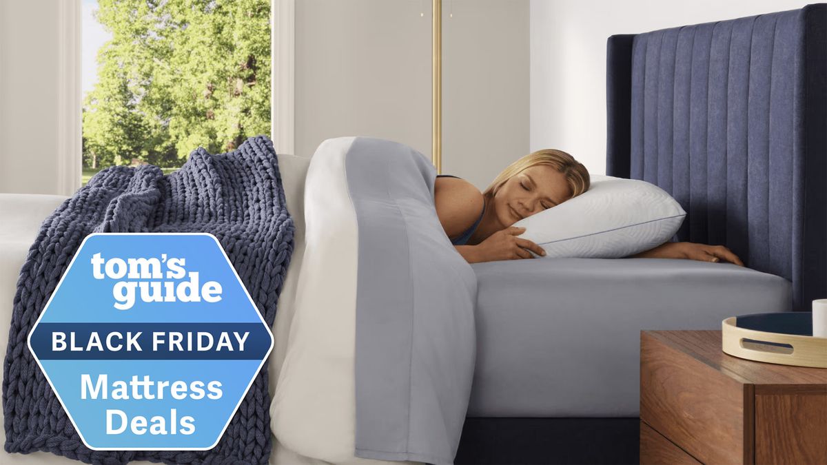 A woman lies in a Tempur-Pedic bed with her head resting on a Tempur-Pedic Tempur-Cloud adjustable pillow, a Tom&#039;s Guide Black Friday mattress deals graphic (right)