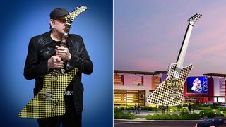 Rick Nielsen, and an aritst render of a 62-foot replica of Nielsen's checkerboard Hamer Standard