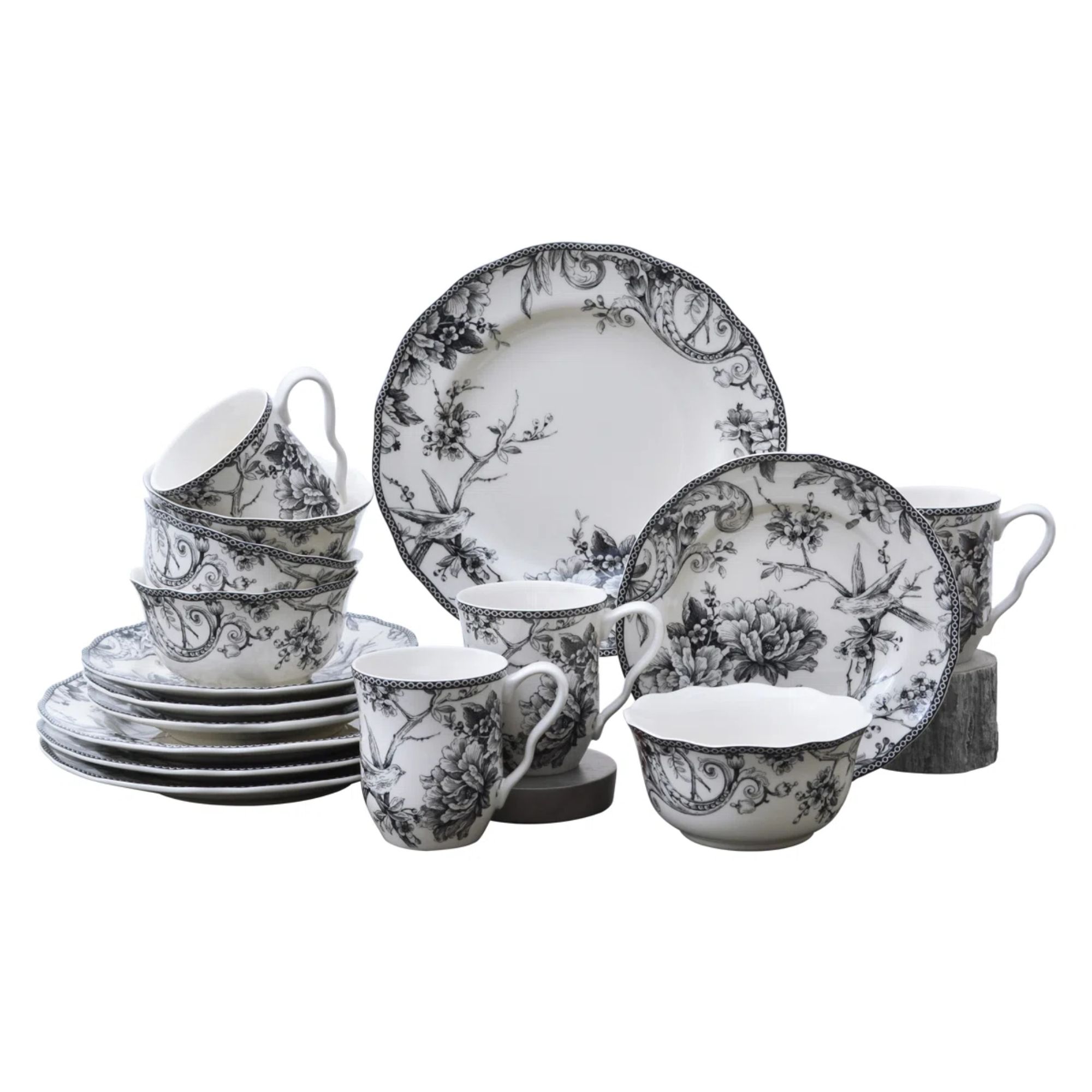 White dinnerware set with black floral design