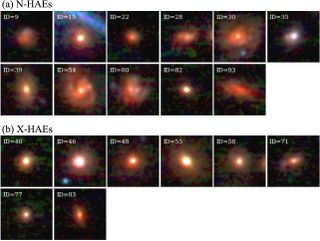 Images of galaxies in the Spiderweb protocluster. Eight of these galaxies have supermassive black holes at their centers and no longer produce stars.