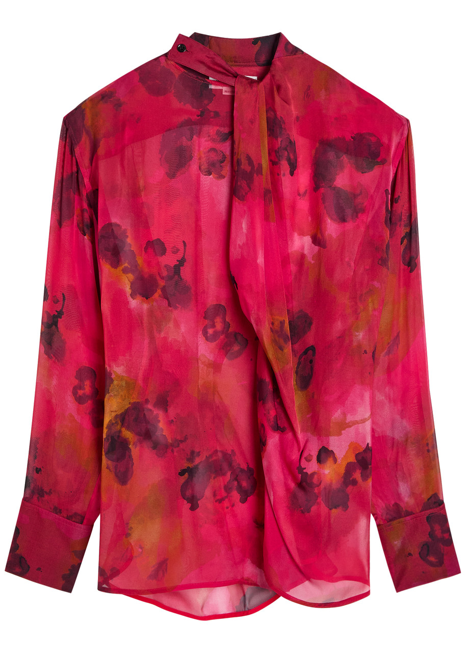 Draped Floral Silk-Chiffon Blouse