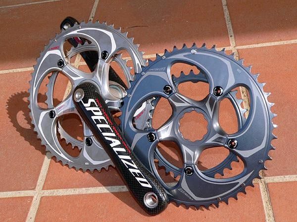 S-Works chainrings (at left) are made from 7000-series aluminum