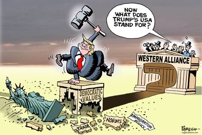 Political cartoon World Trump Western alliance democratic values trade immigration