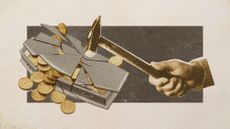 Photo collage of a hand with a hammer breaking a small coffin as if it was a piggy bank. Pound coins spill out from it.