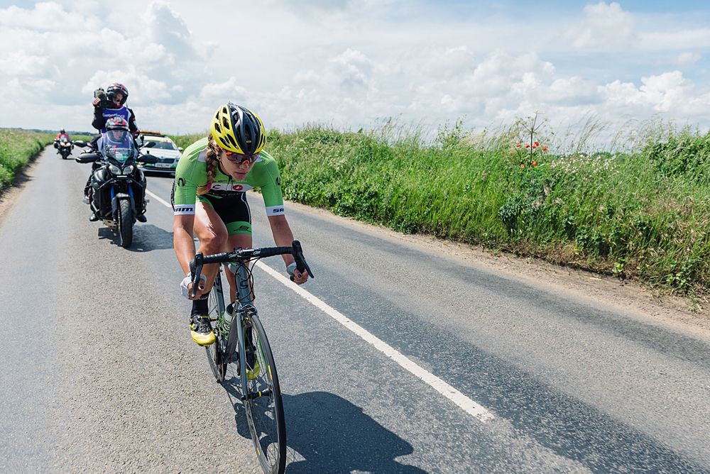 Alison Tetrick (Cylance) races solo toward Norwich at Aviva Women's Tour 2016 - Stage 1