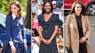 Composite of three pictures of Kate Middleton wearing different polka dot dresses in 2019, 2022 and again in 2022