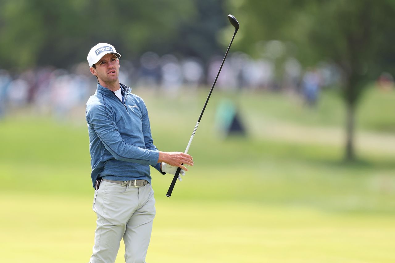 Alex Smalley plays a shot on the 16th hole during the second round of the PGA Championship at Aronimink Golf Club