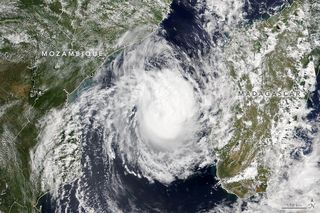 Tropical cyclone Freddy churns between Mozambique and Madagascar on March 8, 2023 in this image from the NOAA-20 satellite.