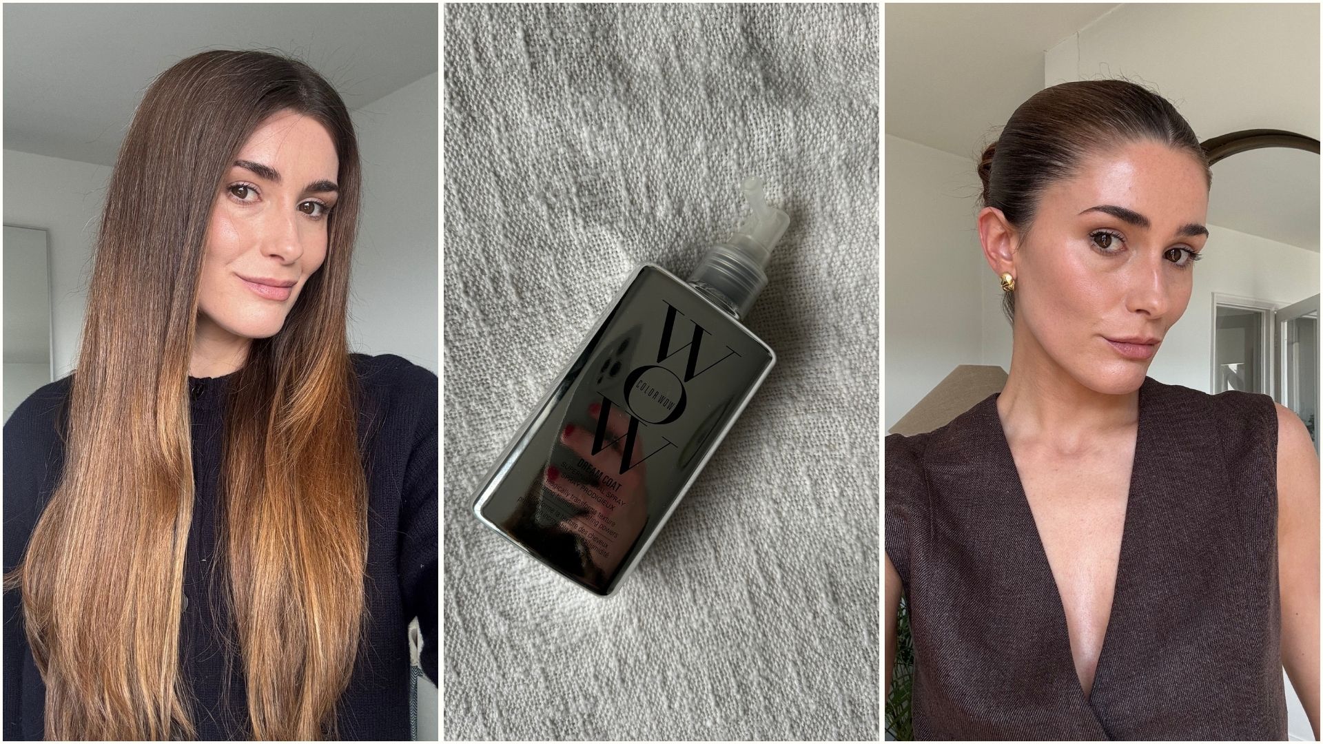 Two photos of Eleanor and a photo of Color Wow Dream Coat