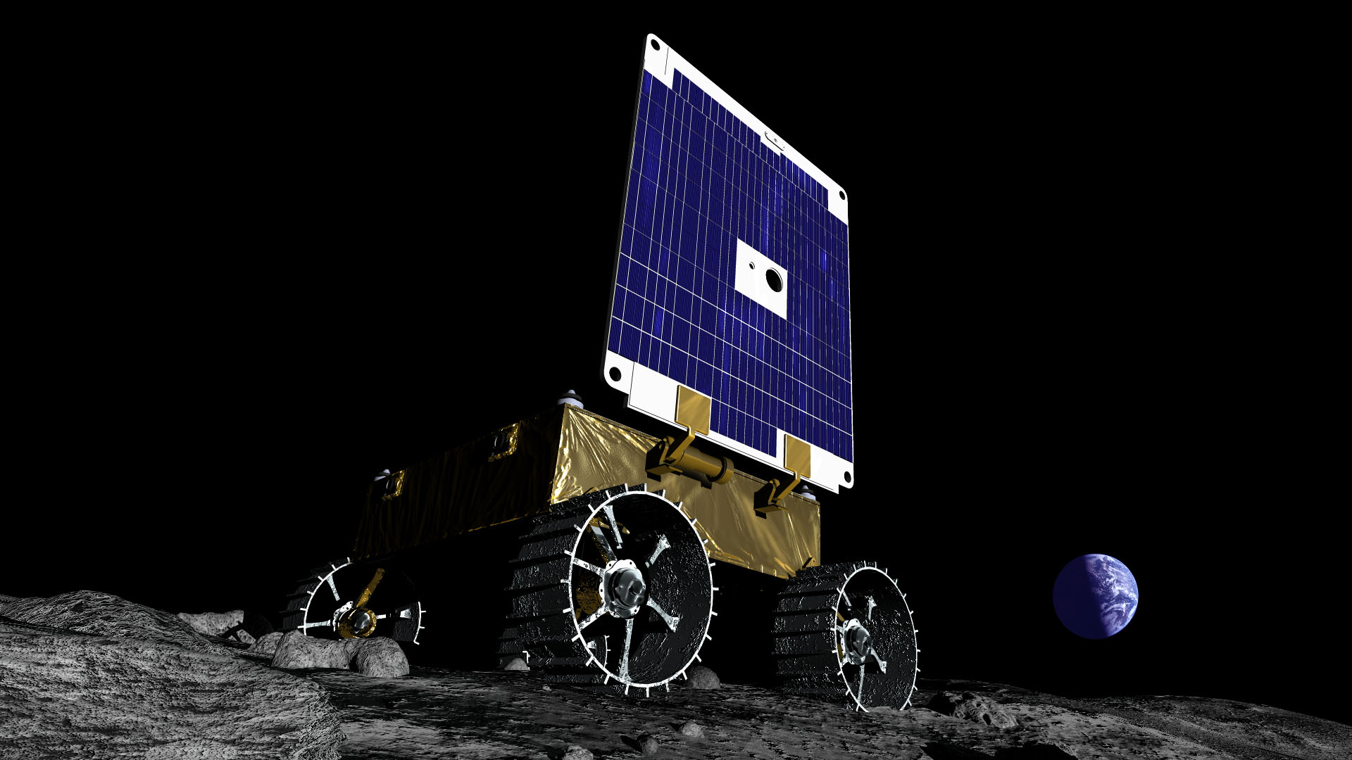 Graphic illustrations shows the suitcase-sized rover on the surface of the moon and Earth is seen in the distant background of the image.