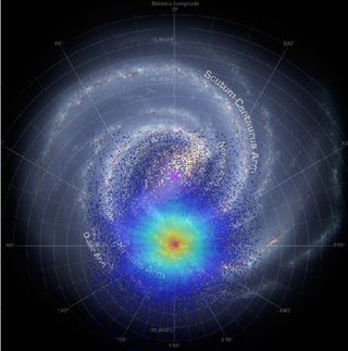 The distribution of the 3 million stars Gaia measured to detect a burst of star formation 2-3 billion years ago.