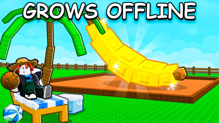 Roblox character sitting on a lounge chair relaxing whilst their plant grows in the background with an emphasis that the plant grows whilst offline.