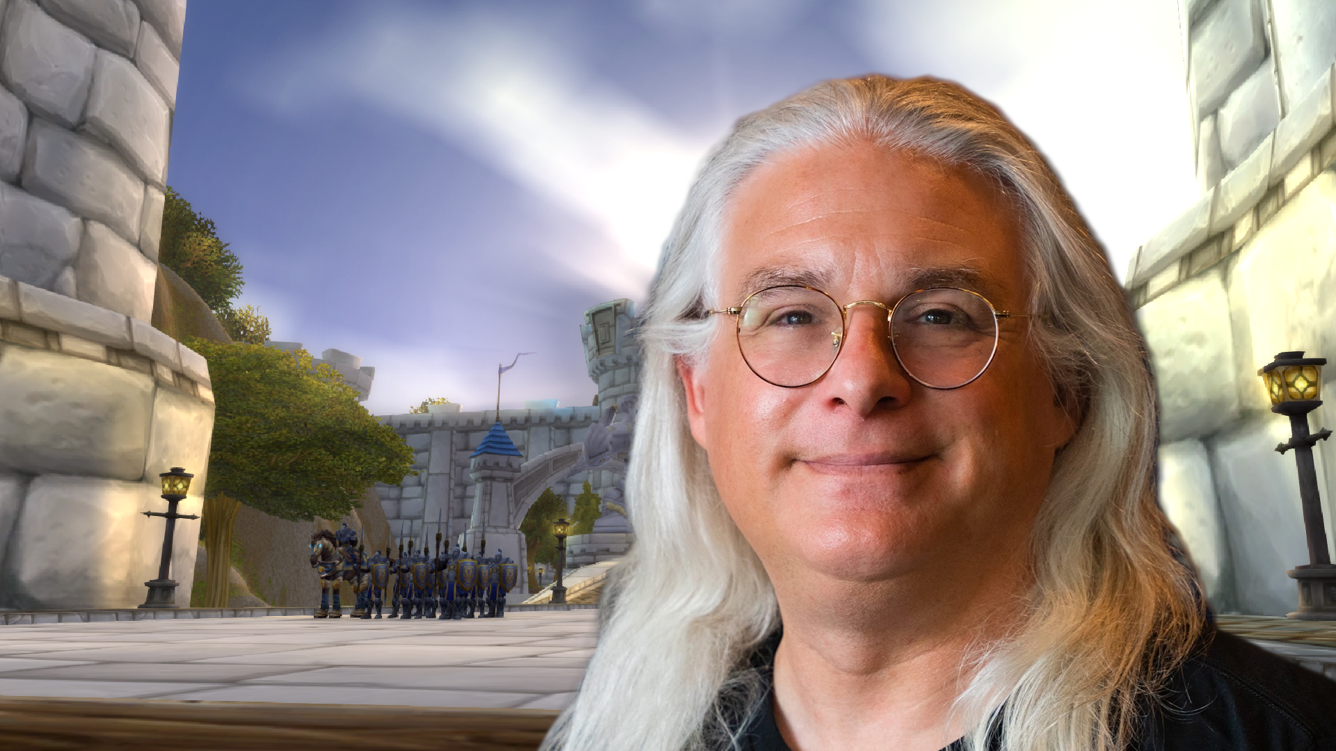 An image of Jack Emmert from Cryptic Studios, edited over a picture of Stormwind from World of Warcraft.