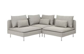 A modular corner sofa in a natural coloured upholstery