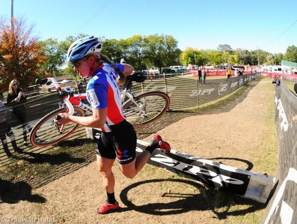 Katie Compton (Trek Cyclocross Collective) alone at the barriers
