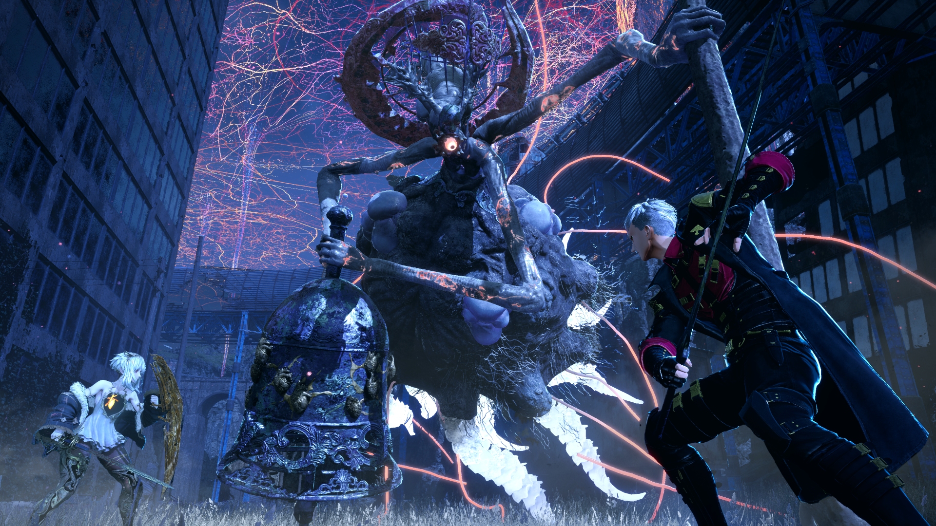 The protagonist and Lou fight a colossal enemy in Code Vein 2. It wields a large bell as a weapon.