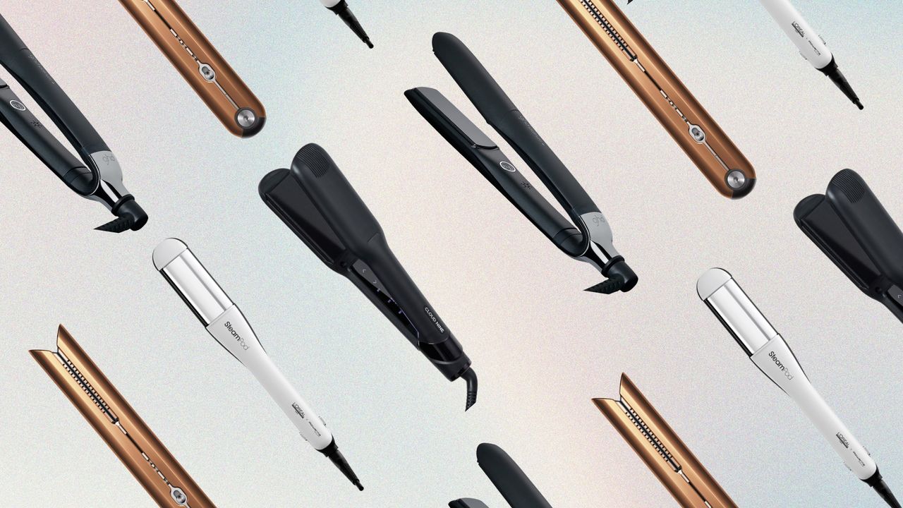 A collage of some of the best hair straighteners featured in this guide, including tools from Dyson, Cloud Nine, L’Oréal and ghd, arranged in a diagonal line pattern on a pink, blue and yellow gradient background