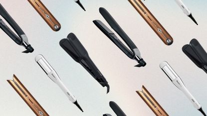 A collage of some of the best hair straighteners featured in this guide, including tools from Dyson, Cloud Nine, L’Oréal and ghd, arranged in a diagonal line pattern on a pink, blue and yellow gradient background