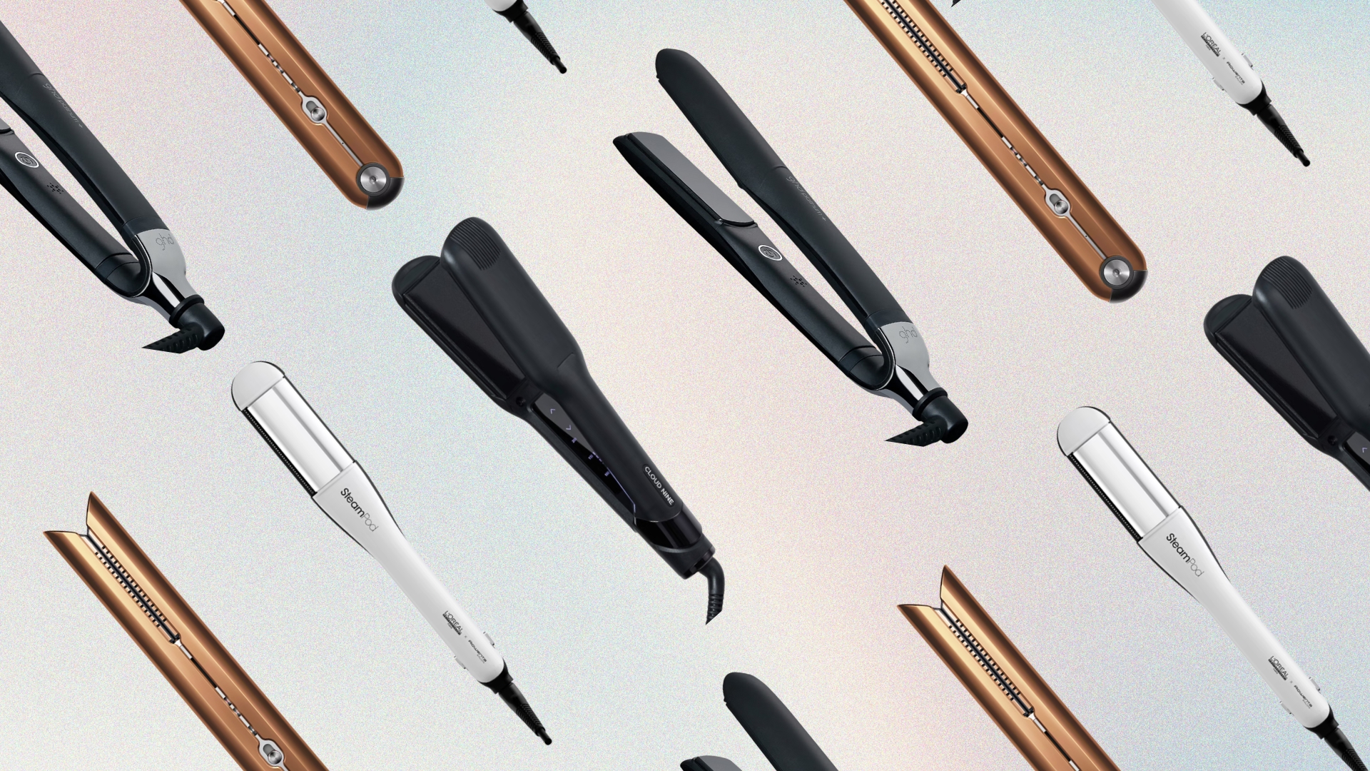 A collage of some of the best hair straighteners featured in this guide, including tools from Dyson, Cloud Nine, L’Oréal and ghd, arranged in a diagonal line pattern on a pink, blue and yellow gradient background