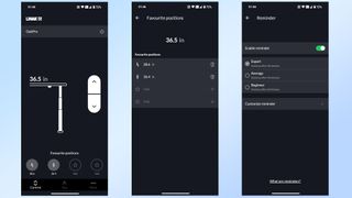 A series of screenshots showing the features and settings of the Desk Connect app used to control the Oakywood Standing Desk Pro via your smartphone