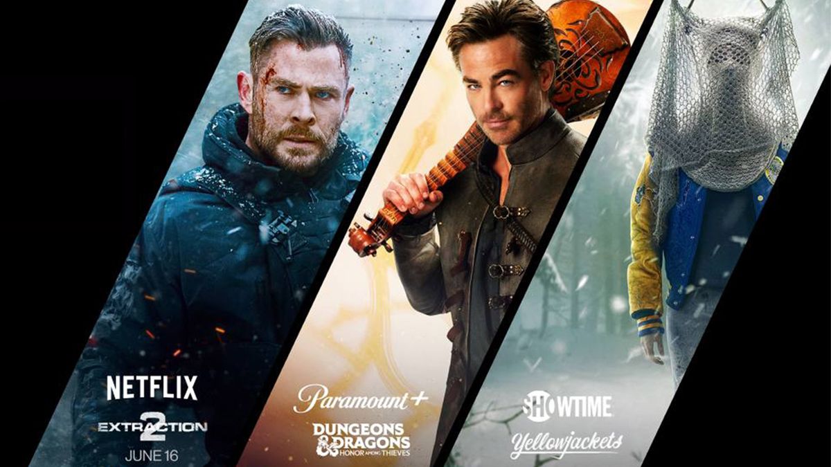 Netflix&#039;s Extraction, Paramount&#039;s Dungeons and Dragons and Showtime&#039;s Yellowjackets posters.