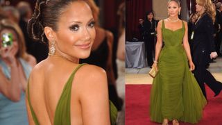 Jennifer Lopez in green pleated front tulle gown on the Oscars red carpet