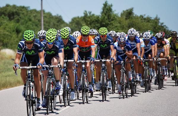 The Movistar team of race leader Xavier Tondo sets tempo in the peloton.