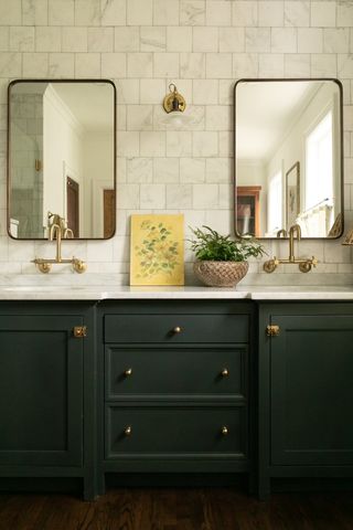 forest green bathroom vanity painted in Benjamin Moore's Black Forest Green