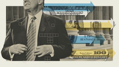 Photo composite of Donald Trump, courthouse steps and arrows made of $100 dollar bills