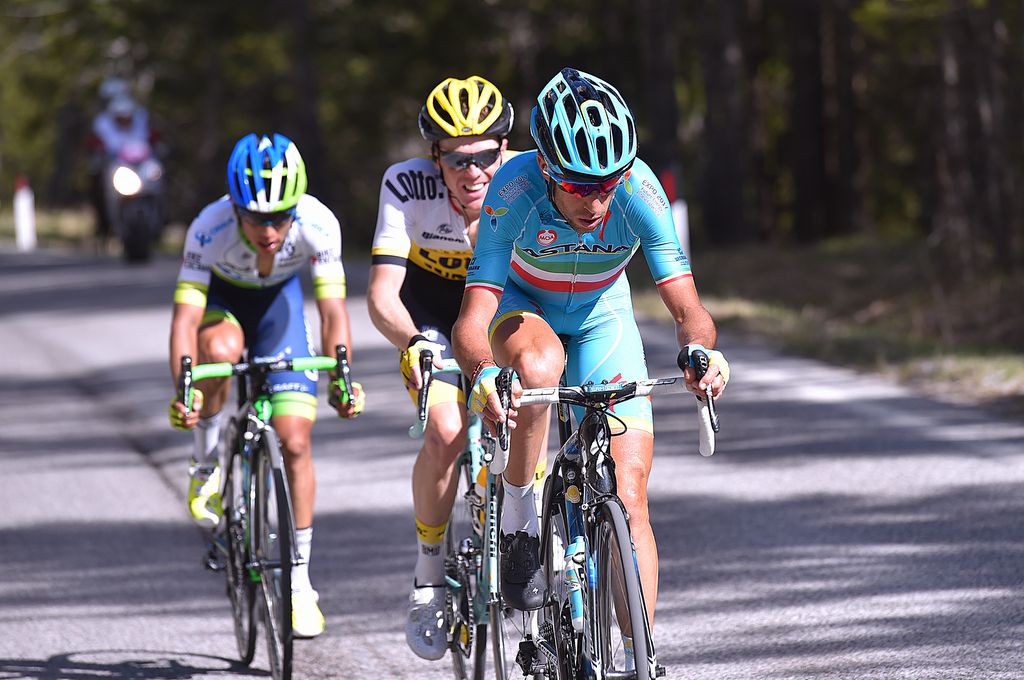 Vincenzo Nibali (Astana) attacking with Steven Kruijswijk and Esteban Chaves