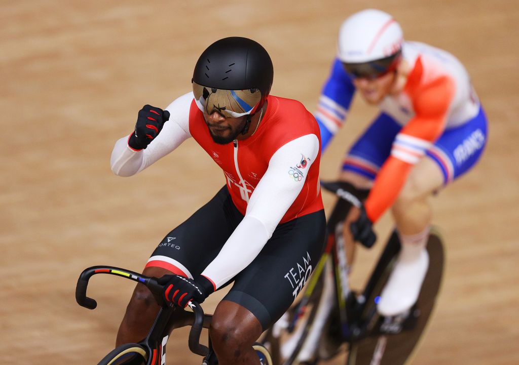 IZU JAPAN AUGUST 07 Kwesi Browne of Team Trinidad And Tobago celebrates winning during the Mens Keirin repechages heat 1 of the track cycling on day filthen of the Tokyo 2020 Olympic Games at Izu Velodrome on August 07 2021 in Izu Shizuoka Japan Photo by Tim de WaeleGetty Images