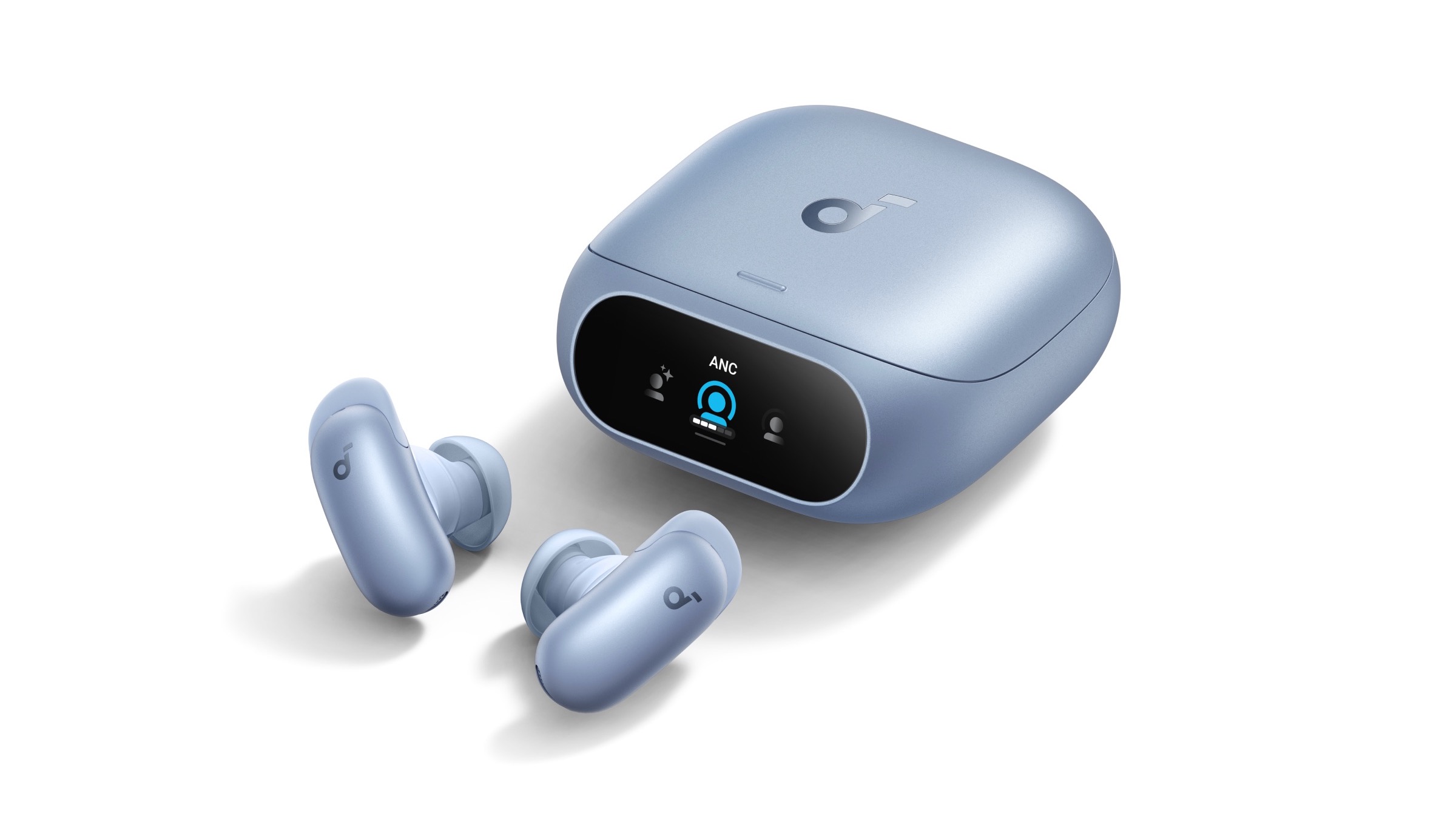 A pair of blue Soundcore Liberty 5 Pro wireless earbuds with their charging case on a white background.