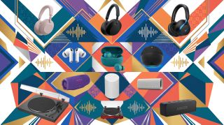 A selection of earbuds, headphones, speakers and turntables in groovy, purple orange and teal colourways, with a mustard yellow background