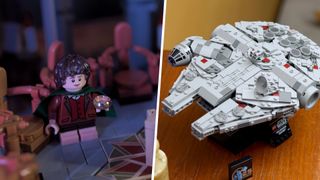 Lego Frodo with the ring, and the new Lego Millennium Falcon set on a stand