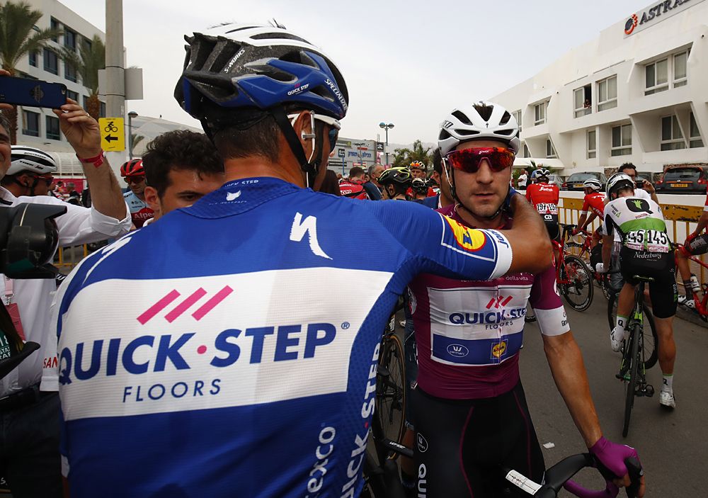 Quick-Step Floors teammates congratulate Elia Viviani after stage 3 victory